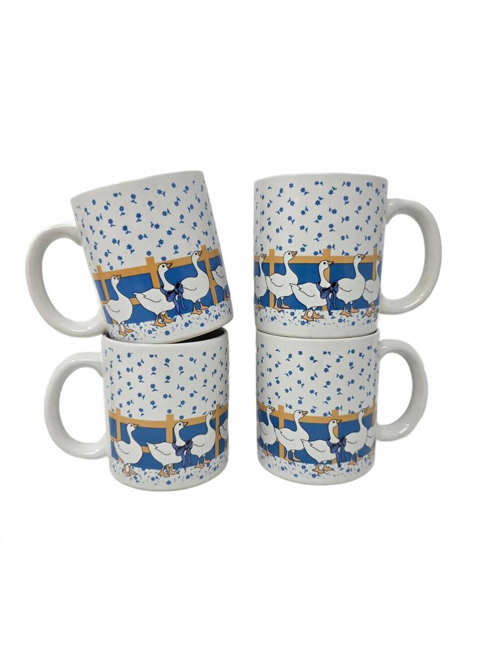 Vintage Country Goose Mugs Set of 4 Blue Bow Ceramic Cups 1980s
